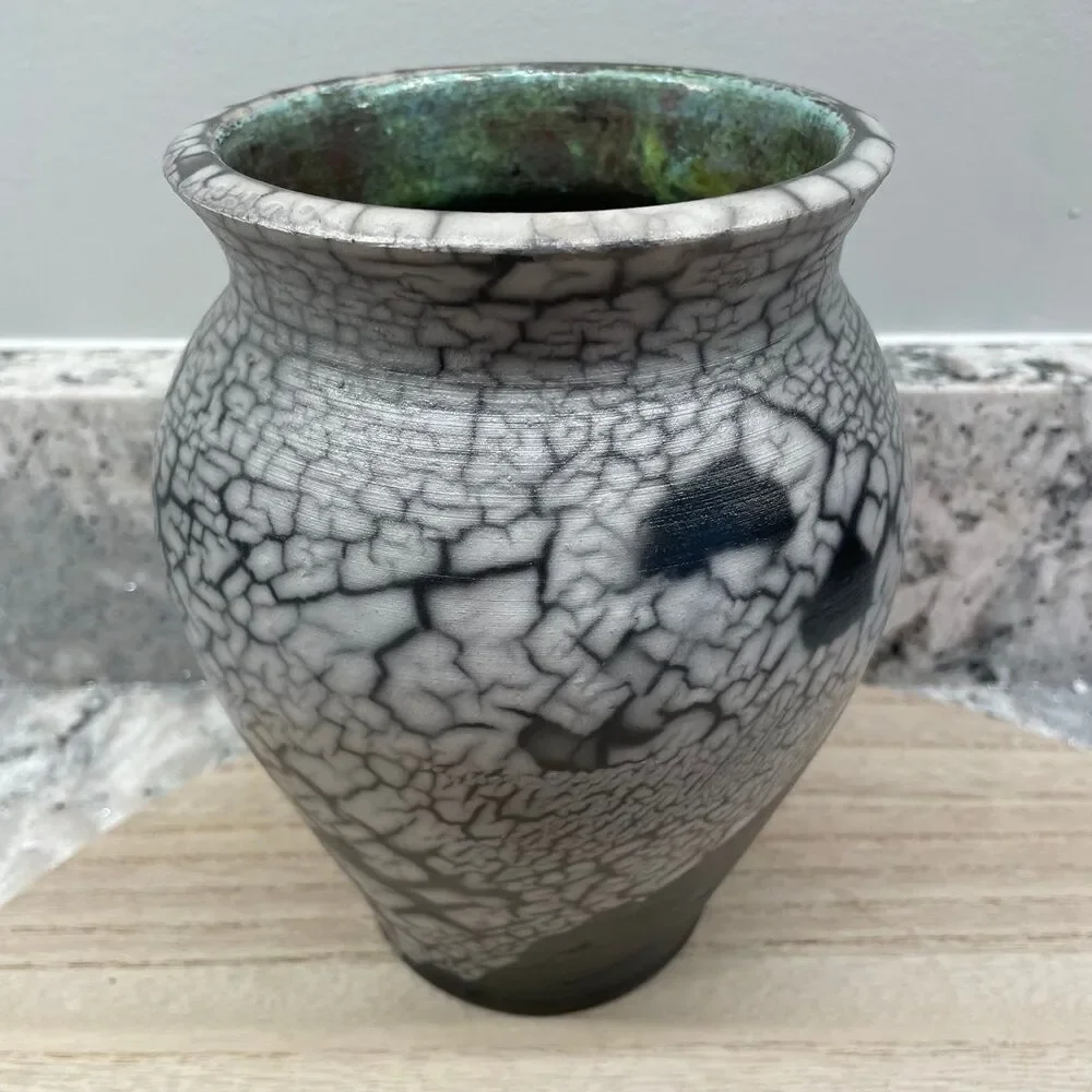 Hand Crafted Studio Pottery Signed PAM Raku Crackles Glaze  Black Gray Vase